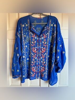 Johnny Was Blue Floral Embroidered Boho Tunic